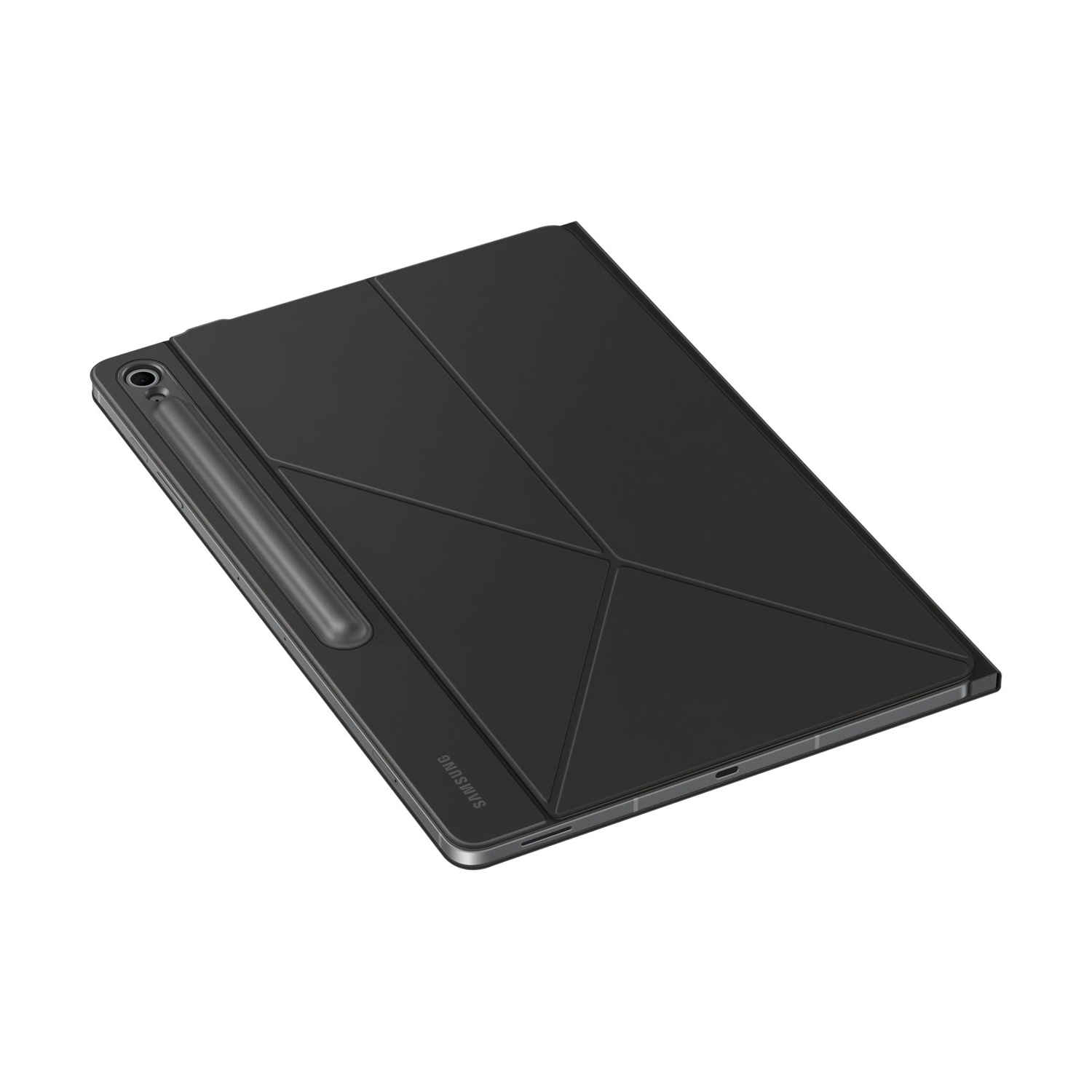 Tablet nero con stilo e cover piegata, su sfondo bianco.