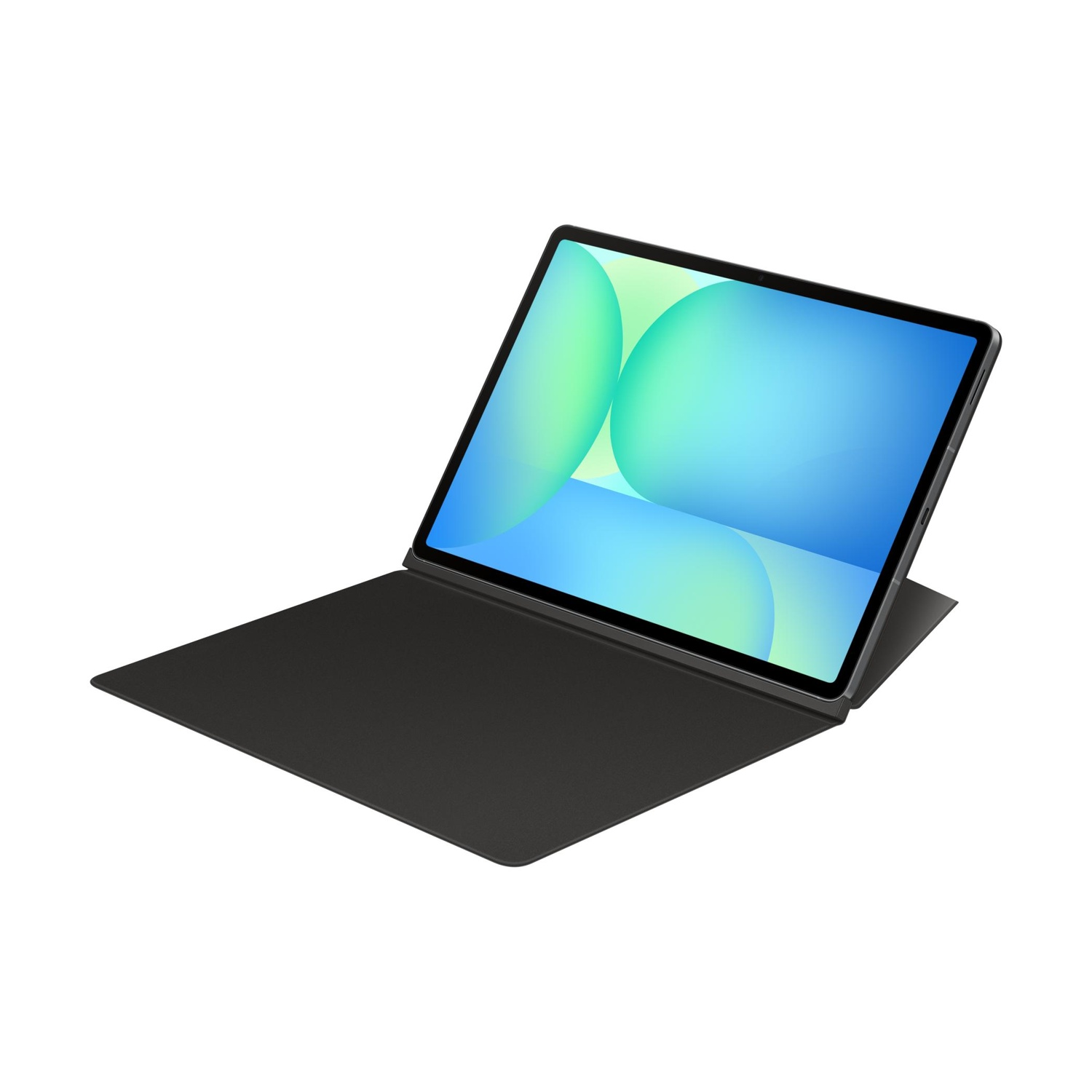 Un tablet nero con una cover aperta, su sfondo bianco.