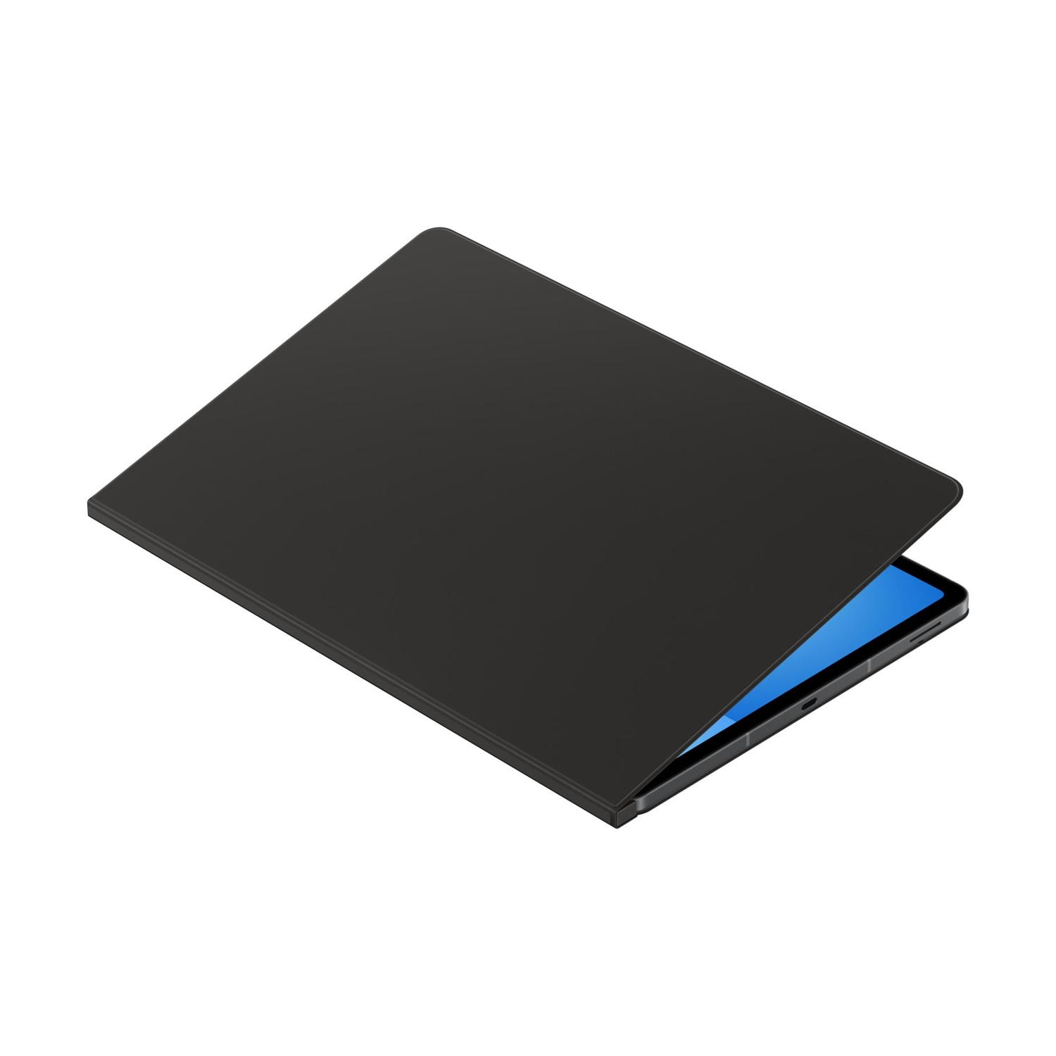 Un tablet nero con la cover aperta, che mostra uno schermo blu.