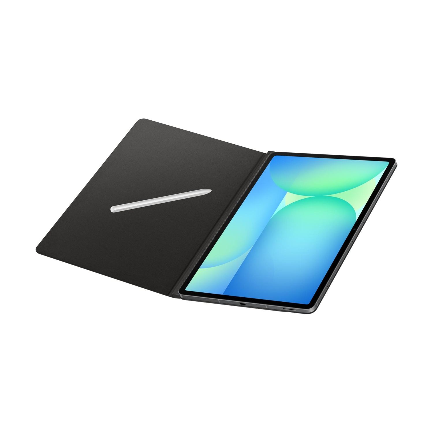 Un supporto nero per tablet con uno stilo bianco sul lato sinistro.