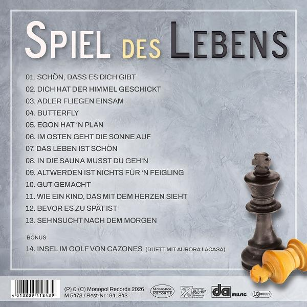 Spiel des Lebens Albumcover mit Schachfiguren und Titelliste.