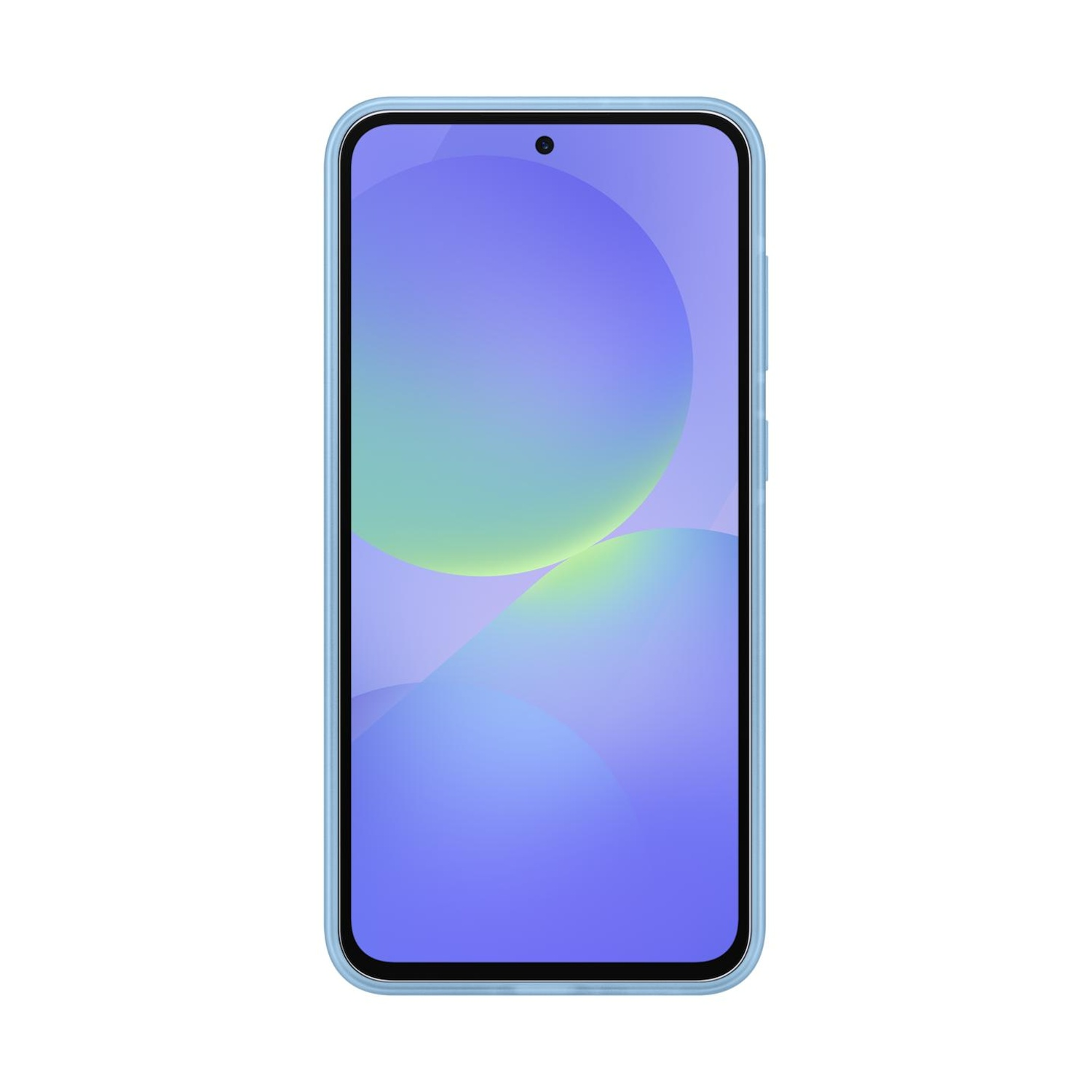 Uno smartphone azzurro che mostra uno sfondo viola con cerchi.