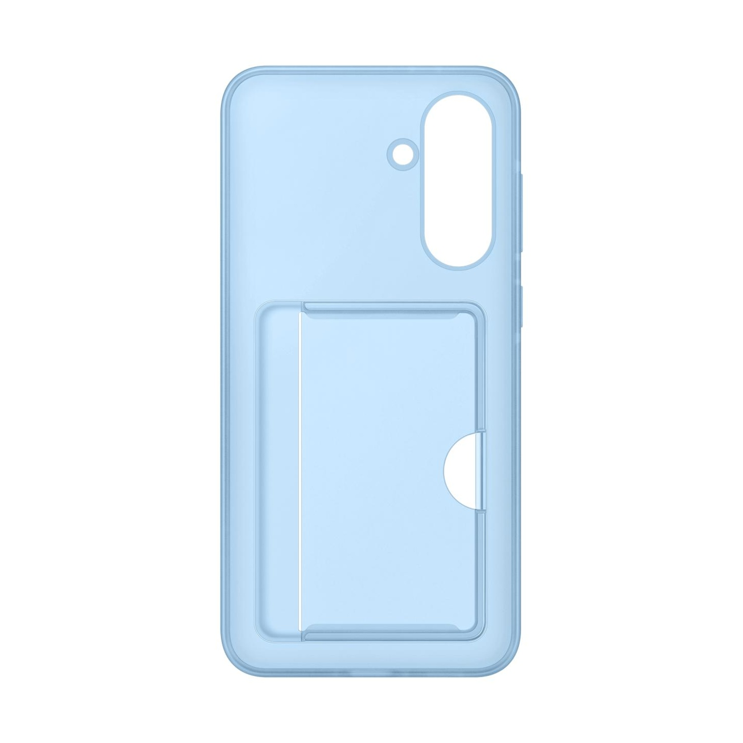 Una custodia per telefono azzurra con slot per carte e ritaglio per fotocamera.