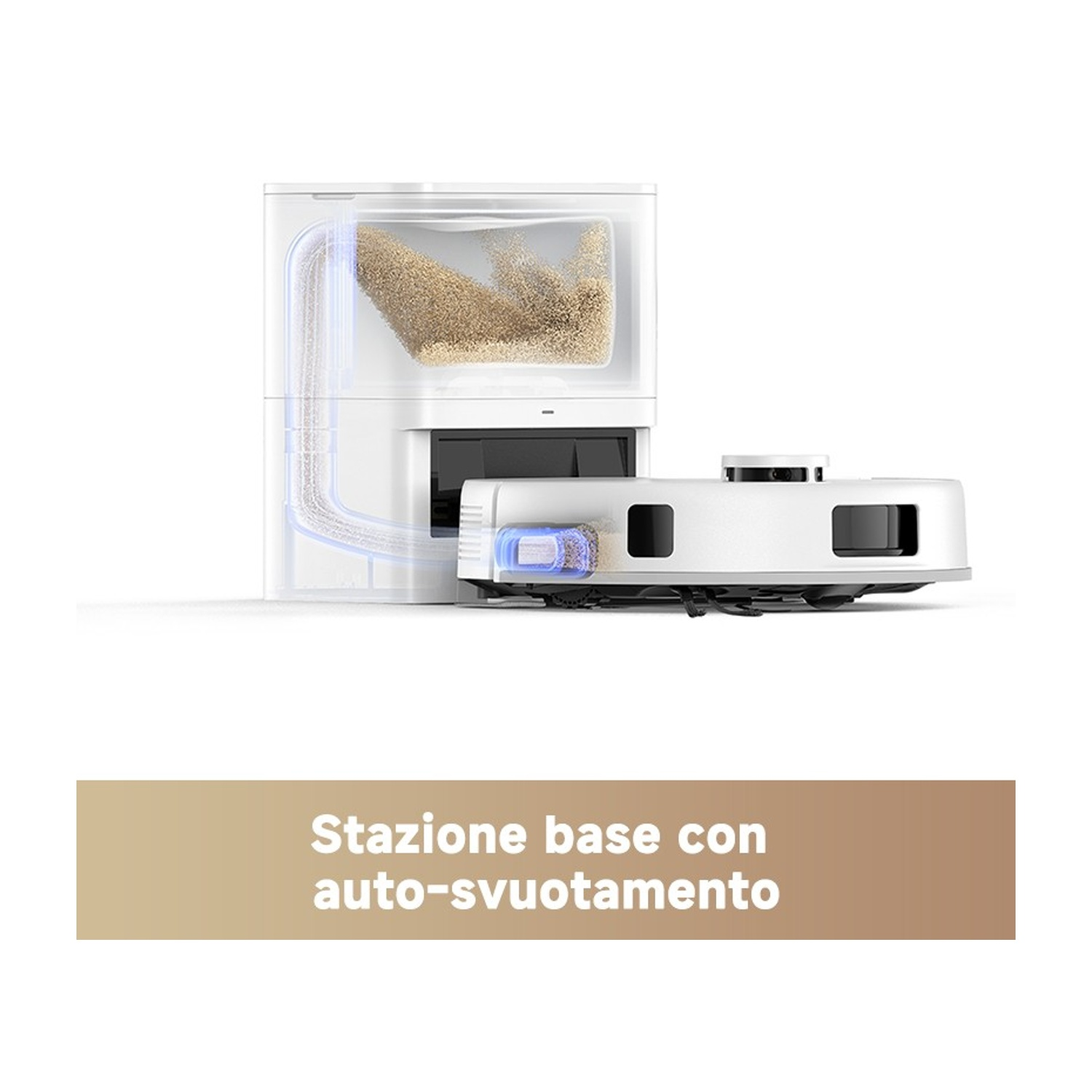 Stazione di ricarica con svuotamento automatico e robot aspirapolvere.