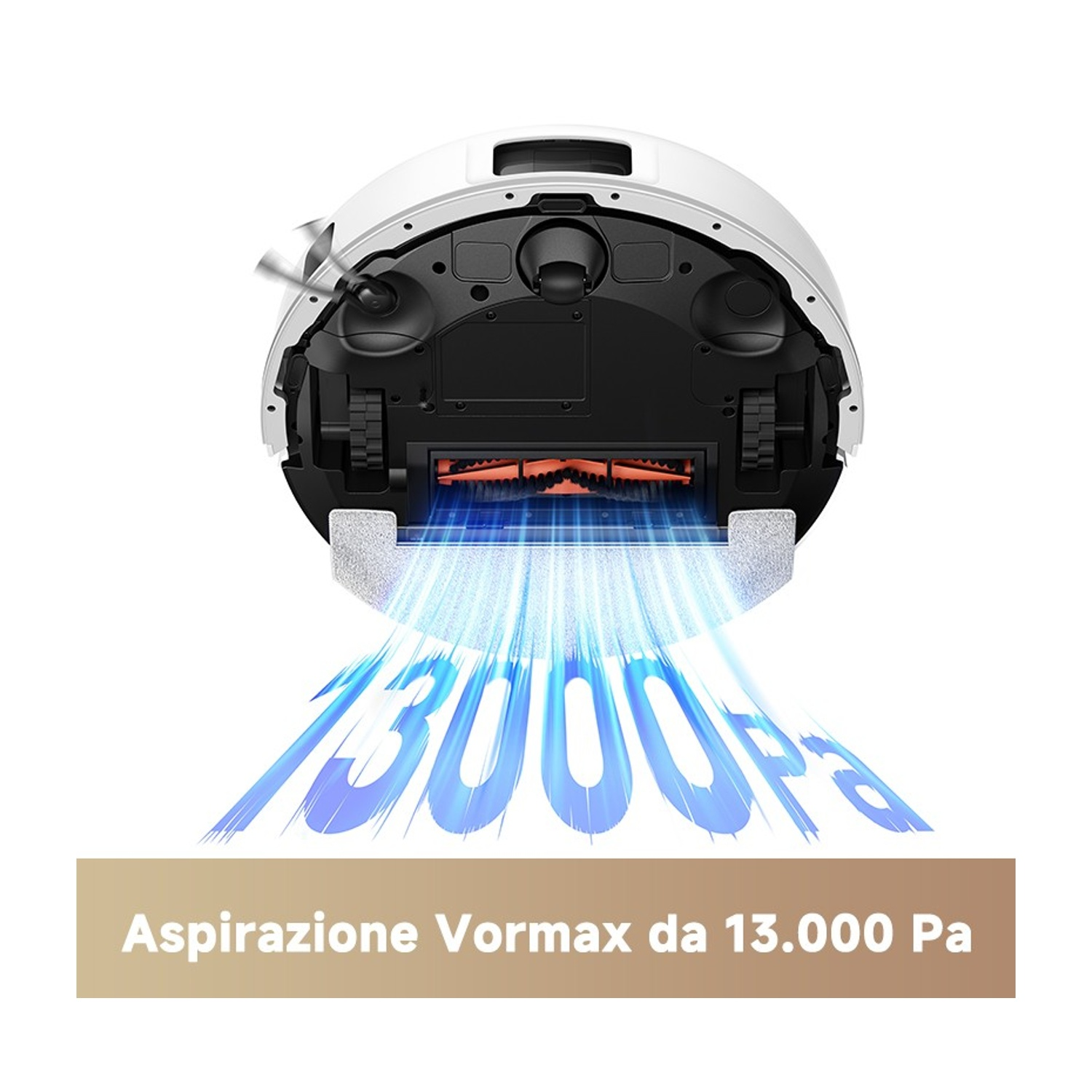Parte inferiore di un robot aspirapolvere bianco con spazzola rotante e potenza 13.000 Pa.