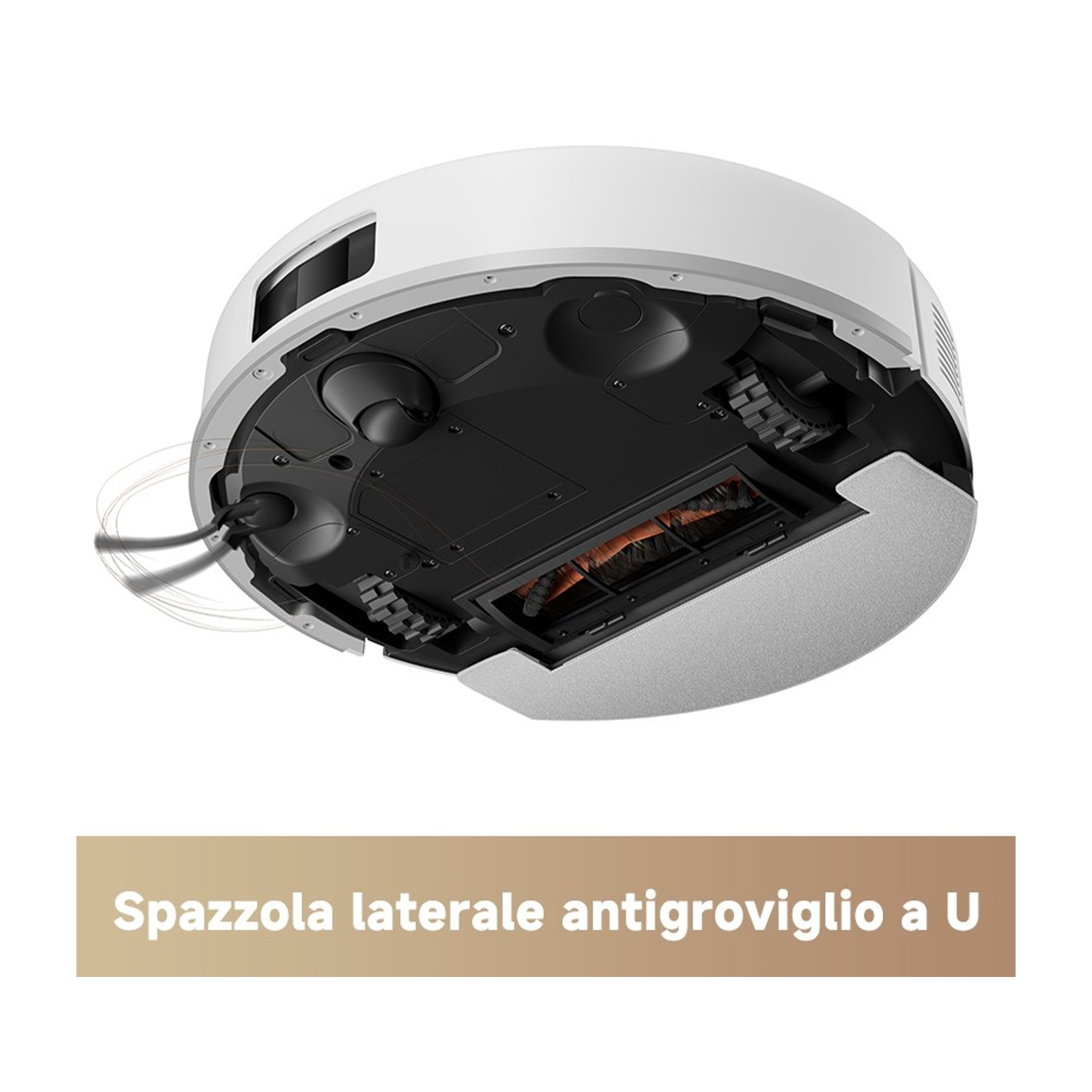 Sottoscocca di un robot aspirapolvere bianco con spazzole e ruote.