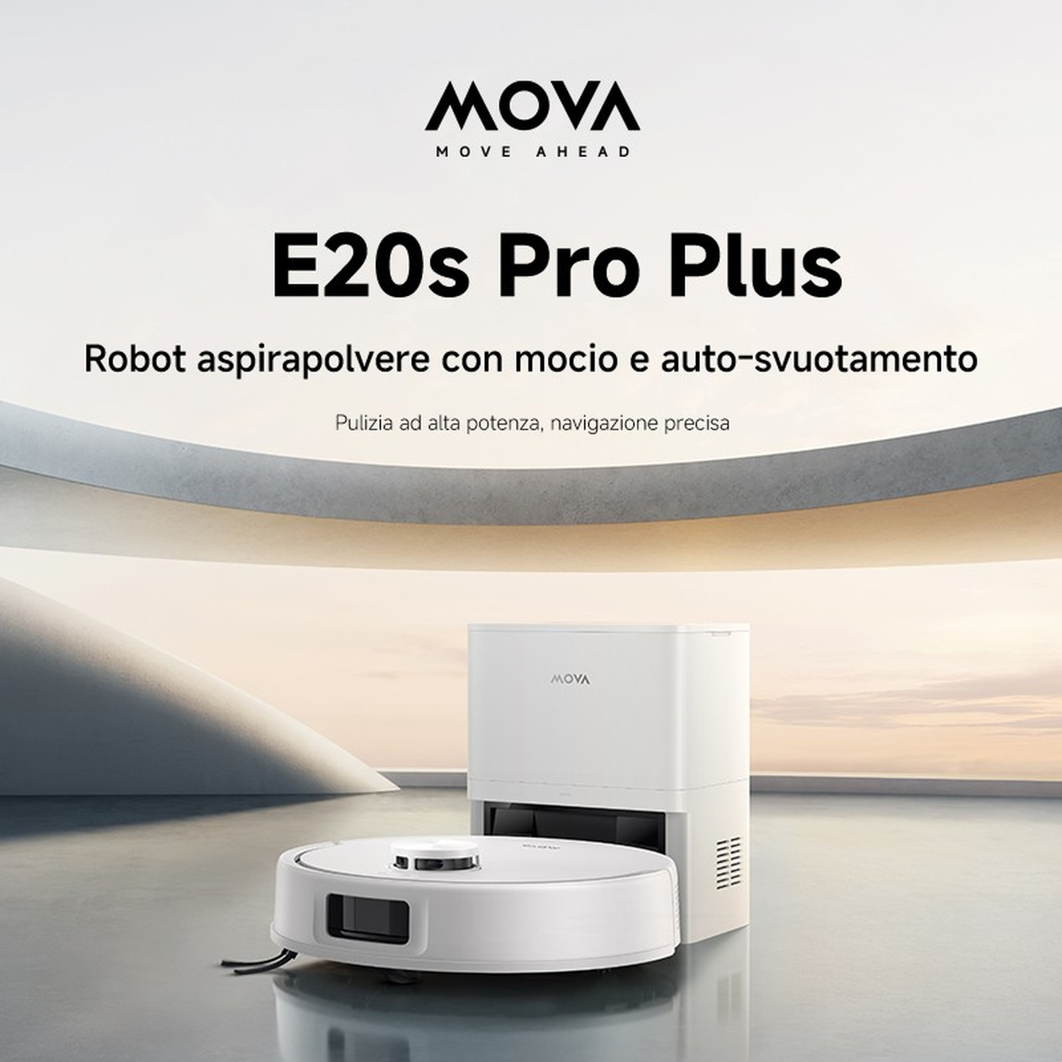 Un robot aspirapolvere bianco con base di ricarica a terra.