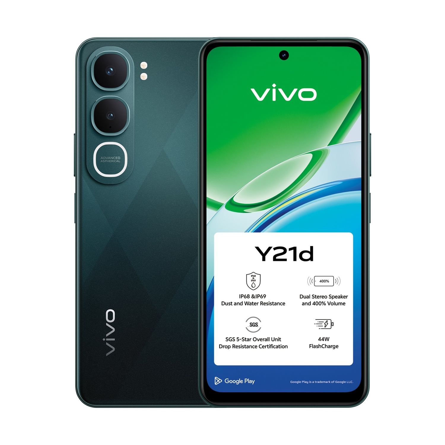 Vista frontale e posteriore di uno smartphone Vivo Y21d verde acqua con altoparlanti stereo doppi.