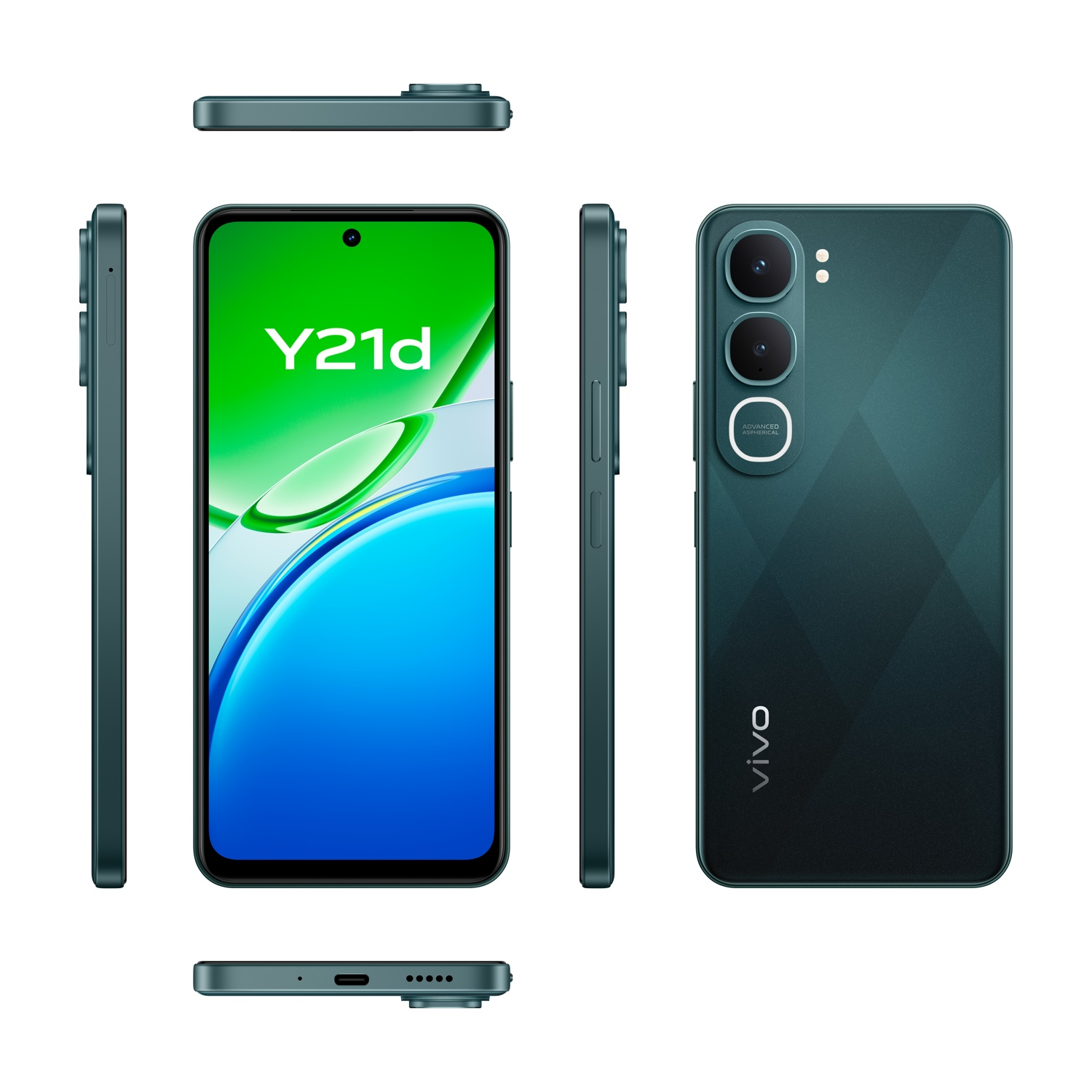 Tre viste di uno smartphone verde scuro, che mostrano fronte, lato e retro.
