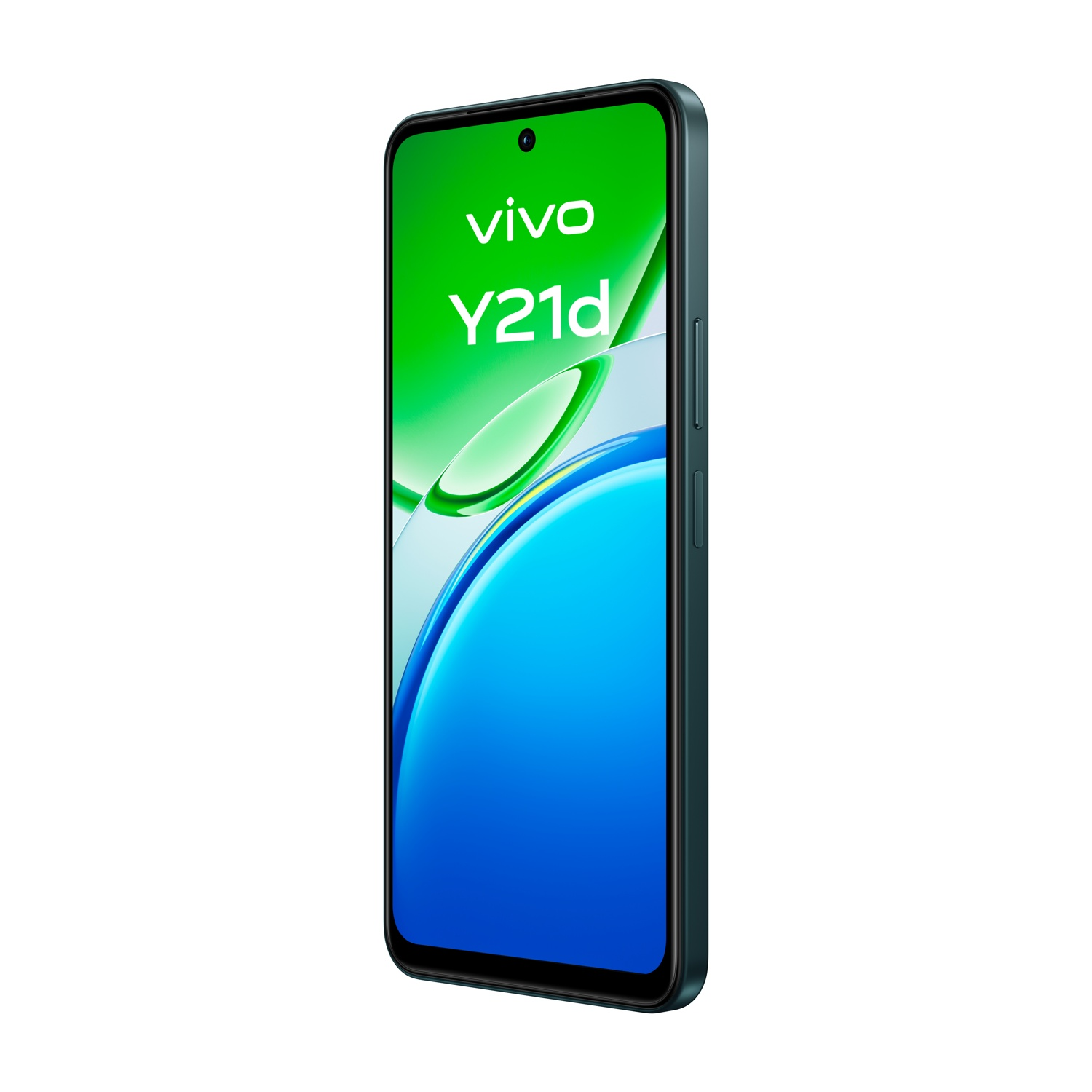 Smartphone Vivo Y21d verde scuro con sfondo blu-verde sullo schermo.