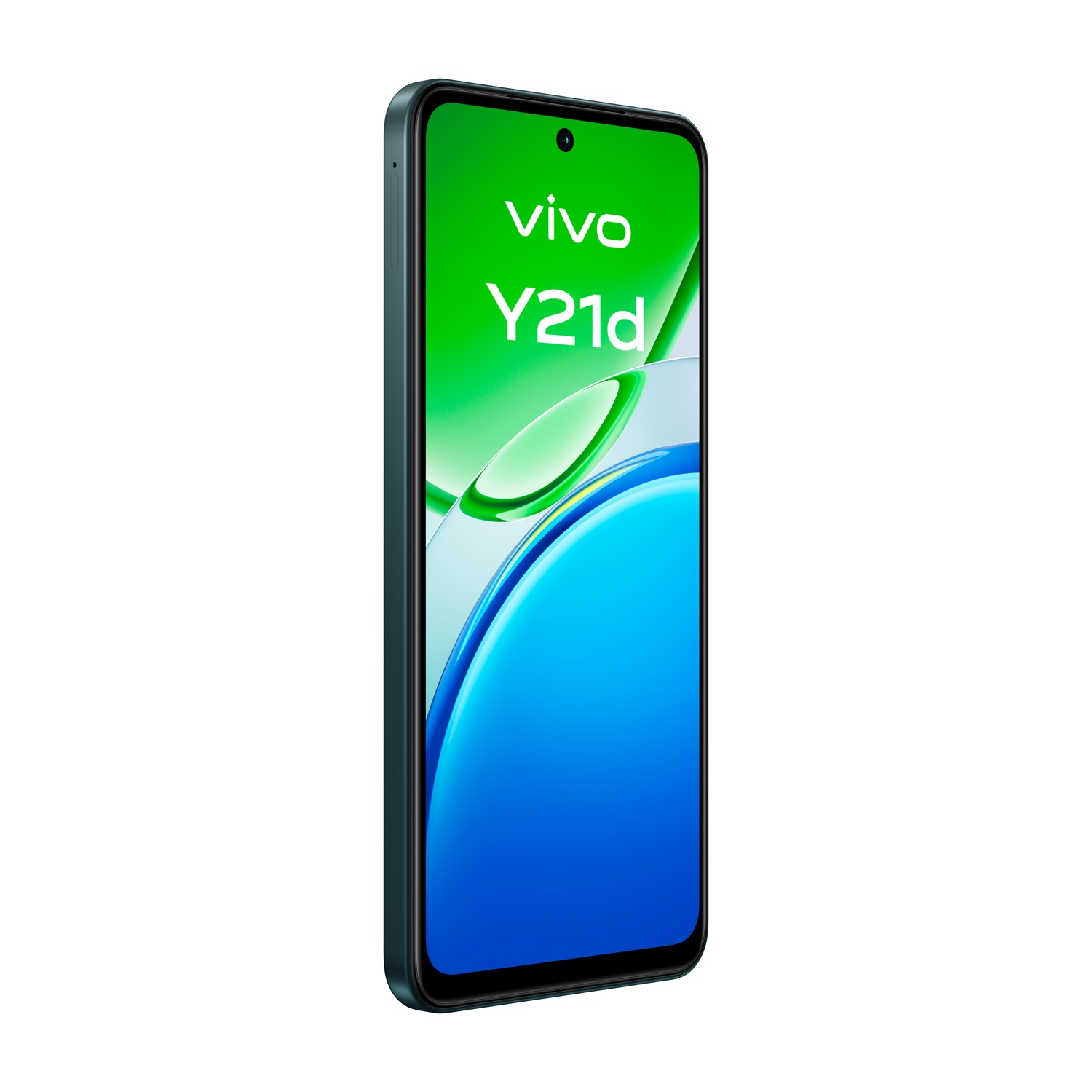 Uno smartphone Vivo Y21d verde scuro con un vivace display blu e verde.