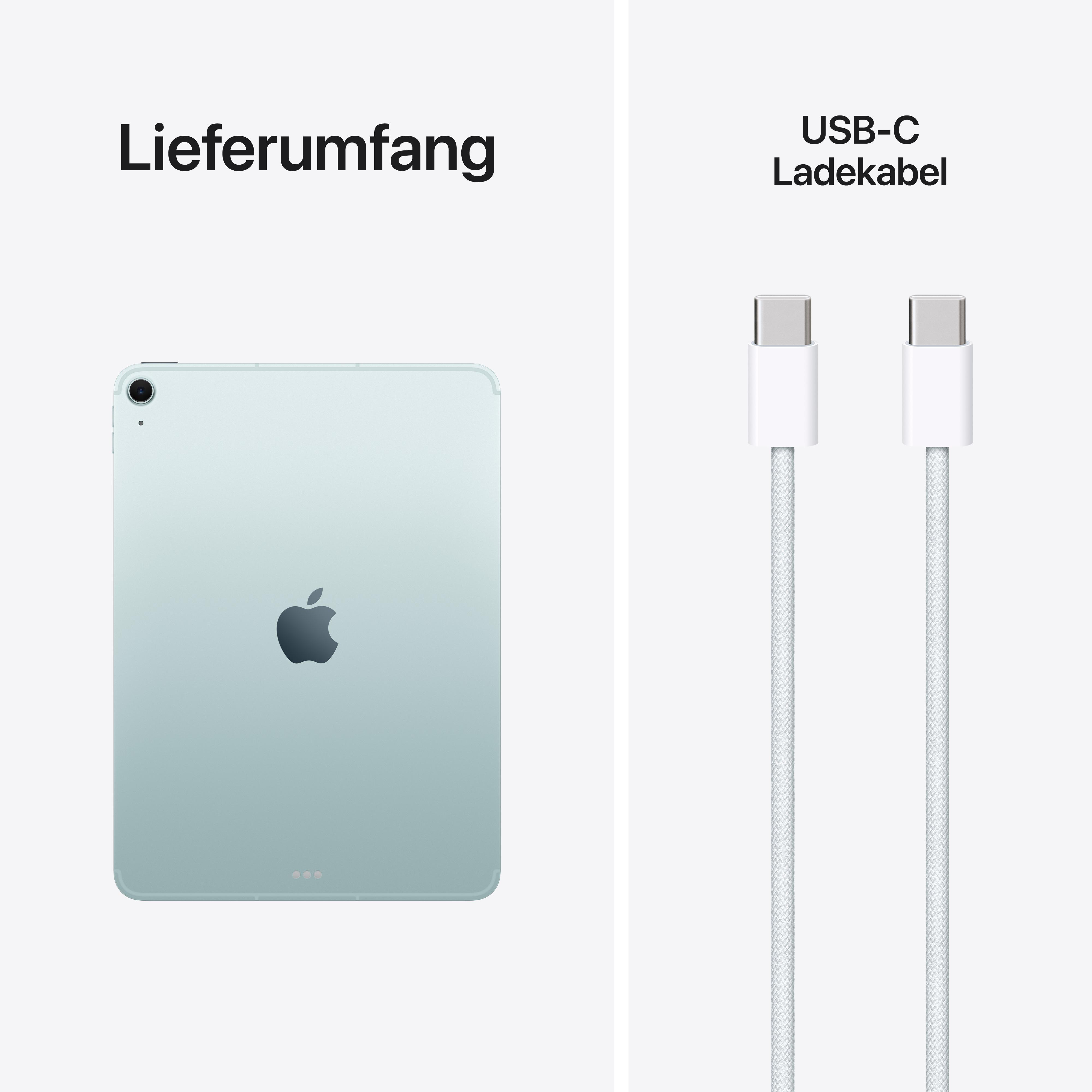 Ein hellgrünes Tablet mit Apple-Logo und zwei weißen USB-C Ladekabeln.