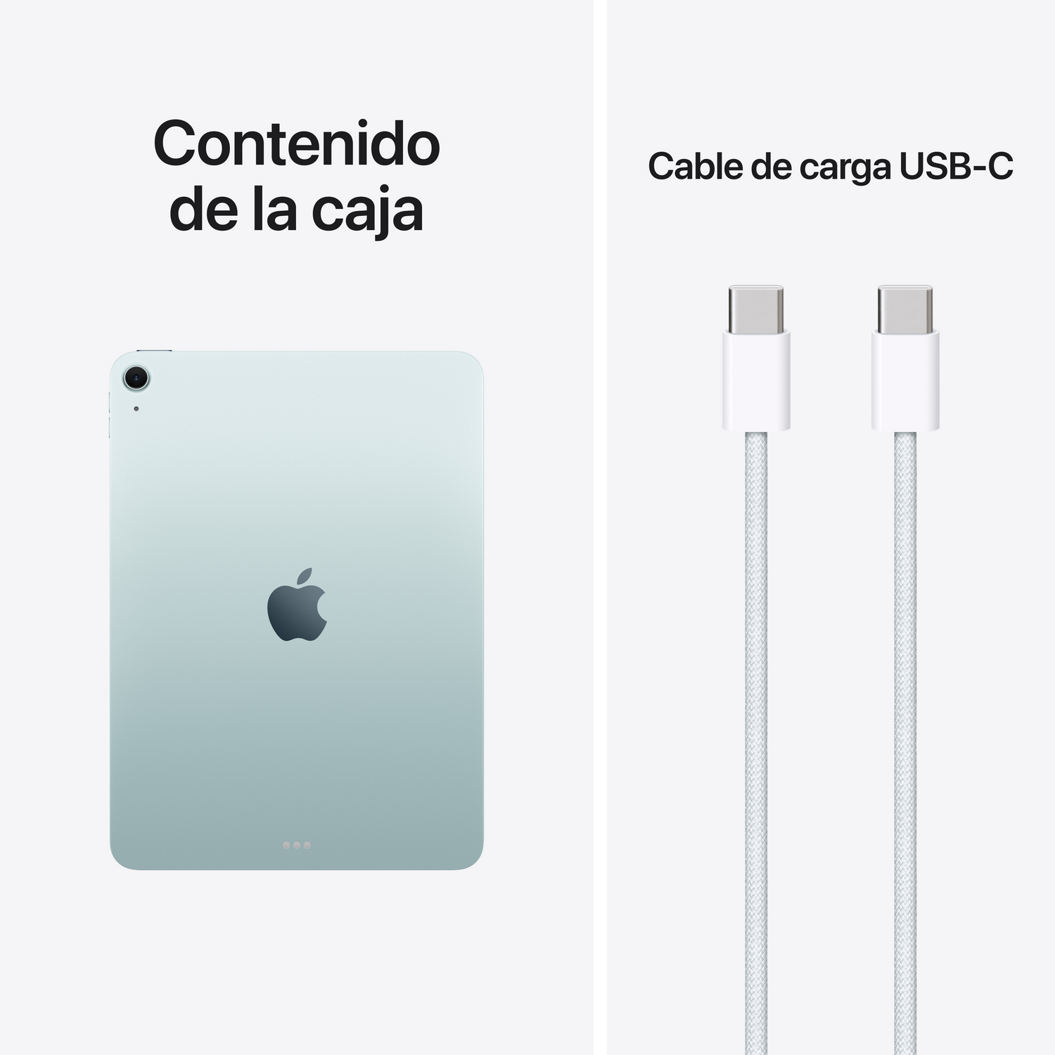 Una tableta verde claro a la izquierda, dos cables USB-C blancos a la derecha.