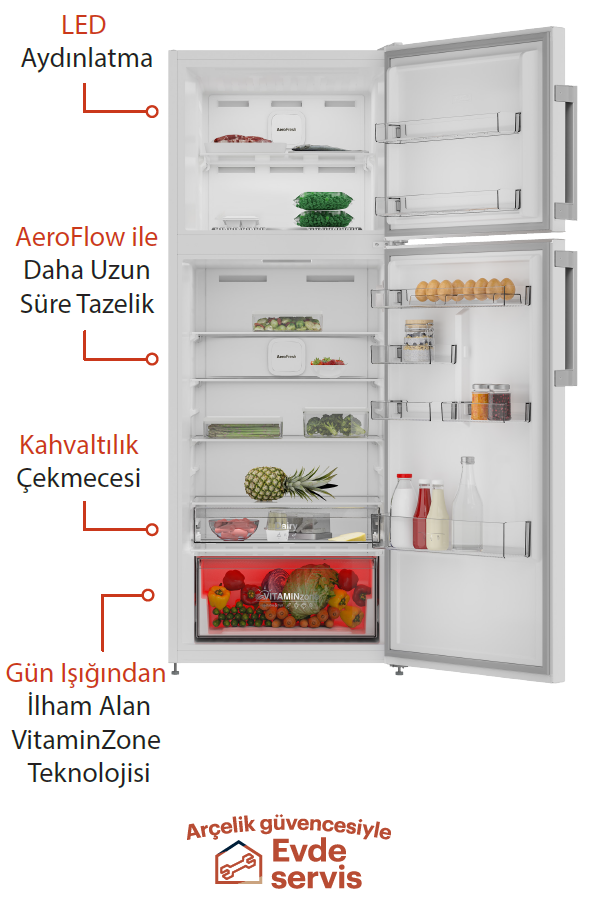 LED aydınlatmalı, çok raflı ve sebze çekmeceli açık buzdolabı.
