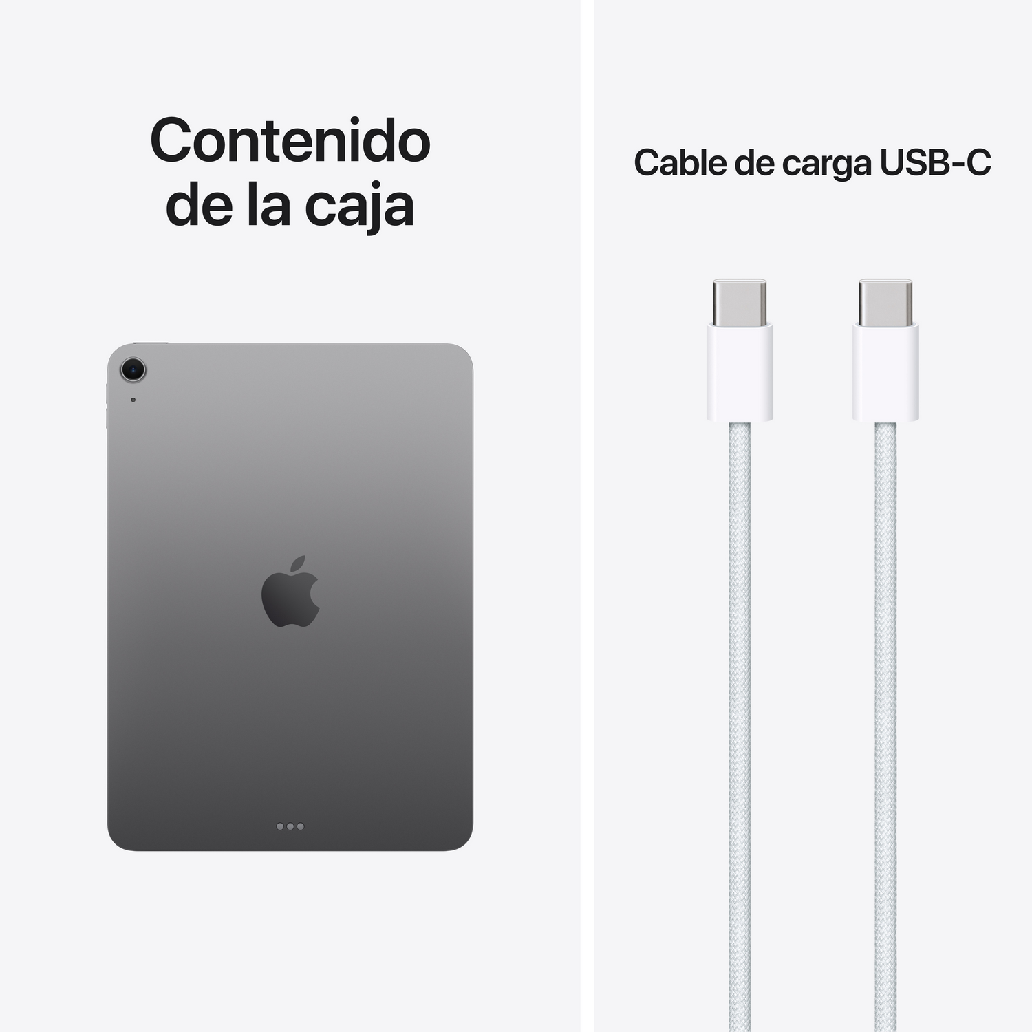 Tableta Apple gris y dos cables de carga USB-C blancos.