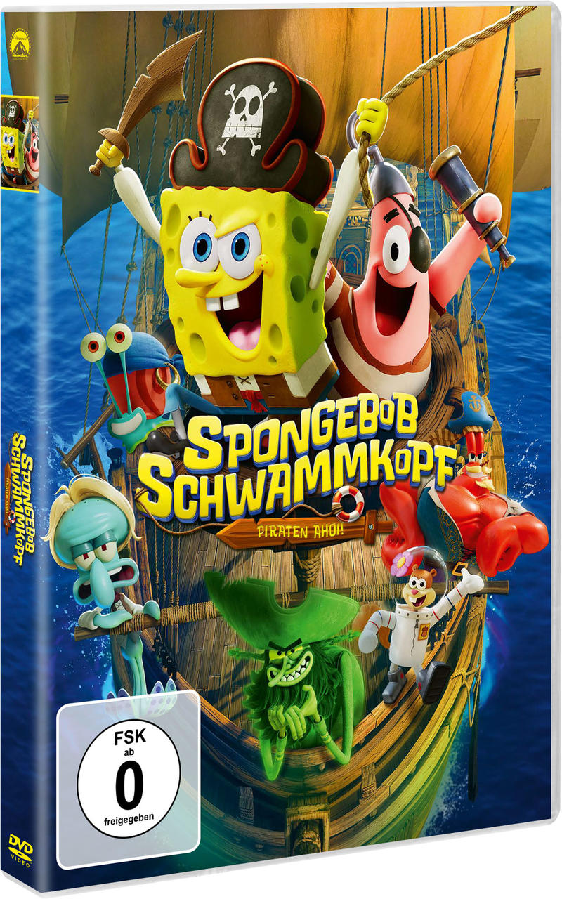 Spongebob und Freunde als Piraten auf einem Schiff, mit einem grünen Bösewicht.