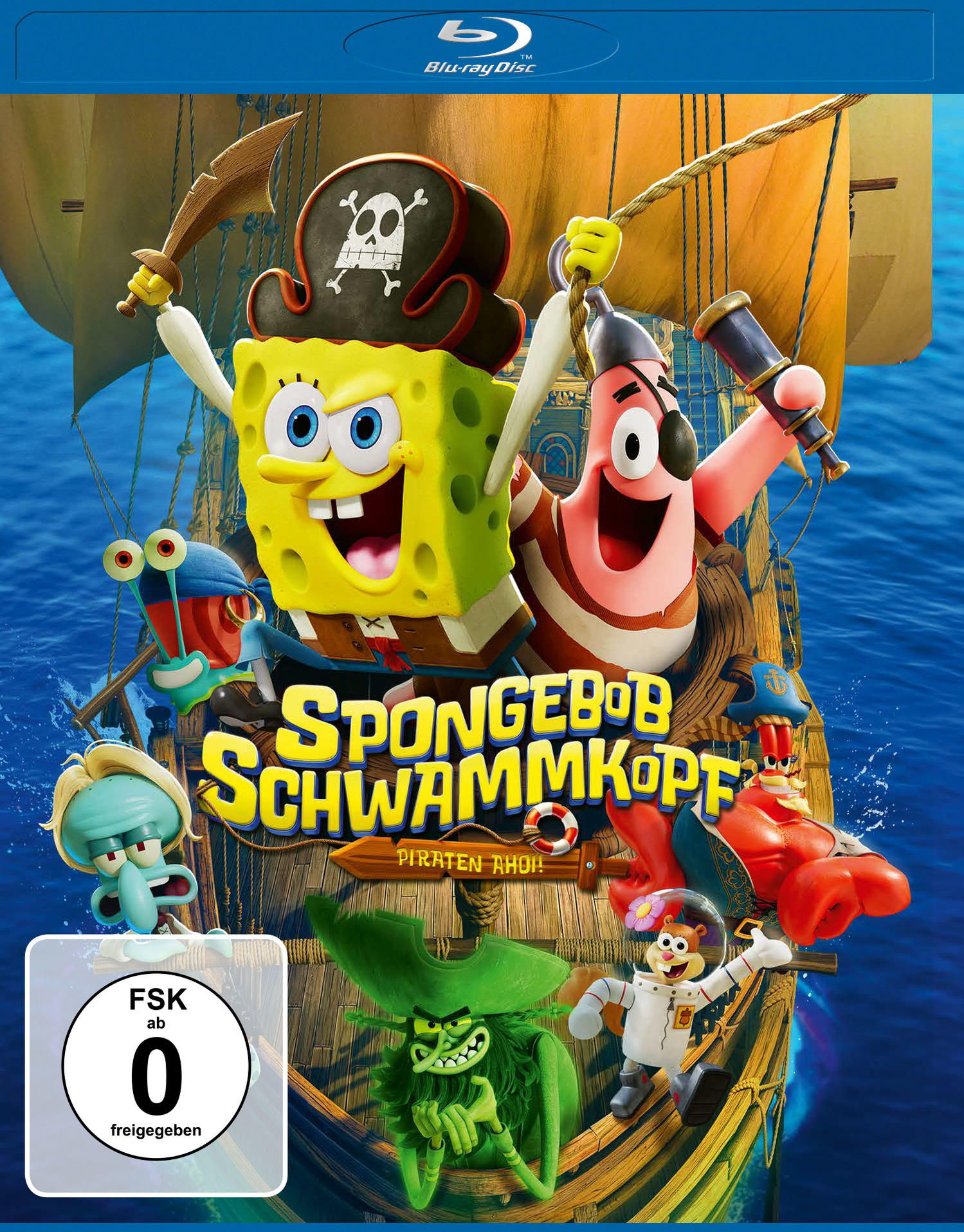 Spongebob und Freunde als Piraten auf einem Schiff, Blu-ray Cover.