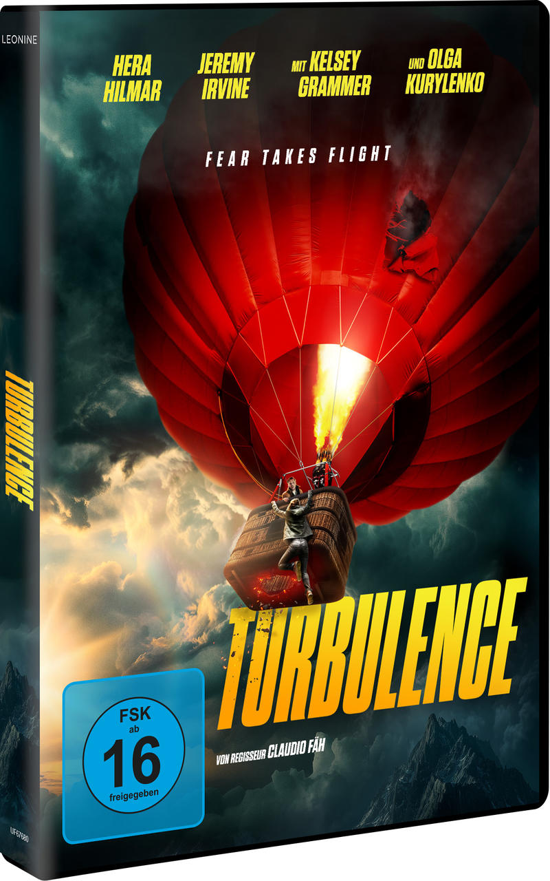 Heißluftballon mit Menschen im Korb vor dramatischem Himmel. Filmplakat.