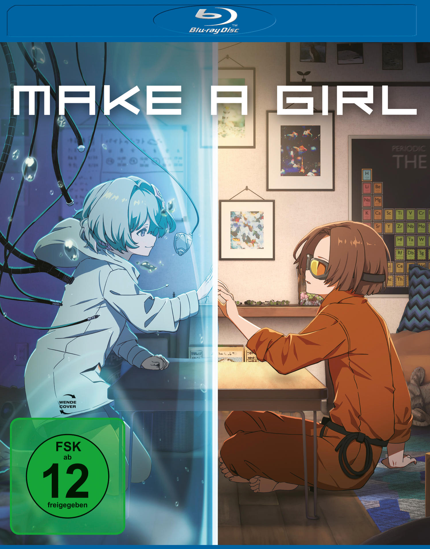 Zwei Mädchen, eins blauhaarig, eins braunhaarig, in einem Raum. Titel: MAKE A GIRL.