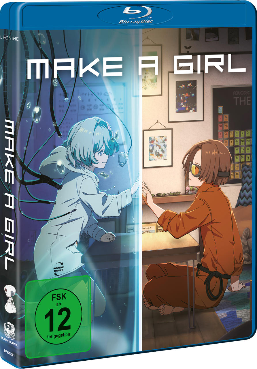Anime-Blu-ray-Cover: Zwei Mädchen, eins in einem Labor, eins im Zimmer.