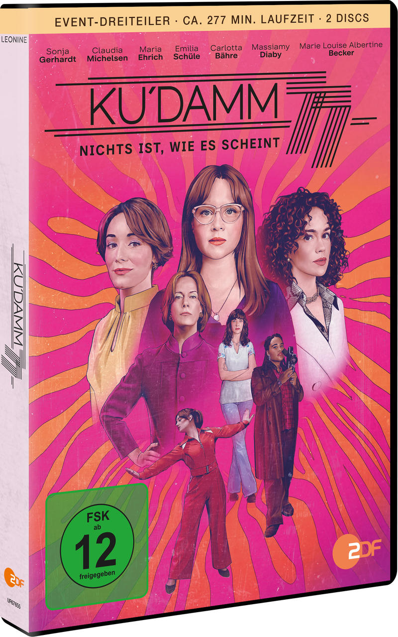 Poster mit fünf Frauen vor einem psychedelischen Hintergrund. Titel: KU'DAMM 77.