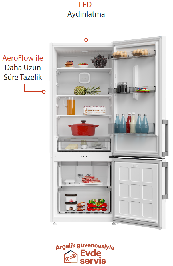Yiyecek ve LED aydınlatmalı açık beyaz buzdolabı.