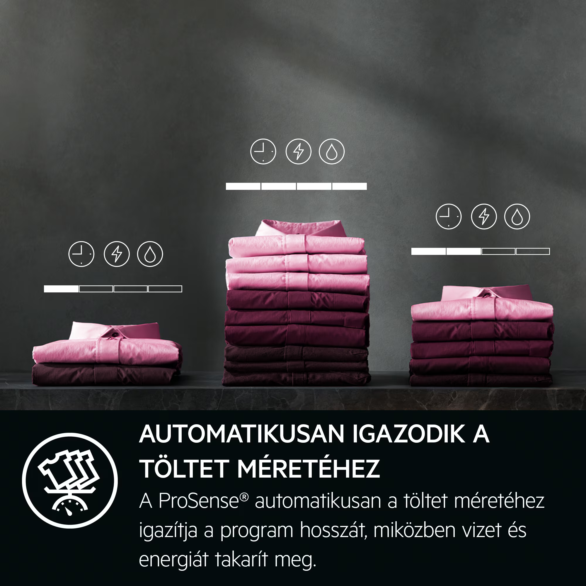Rózsaszín és lila ingek halmai, idő-, energia- és víz ikonokkal.