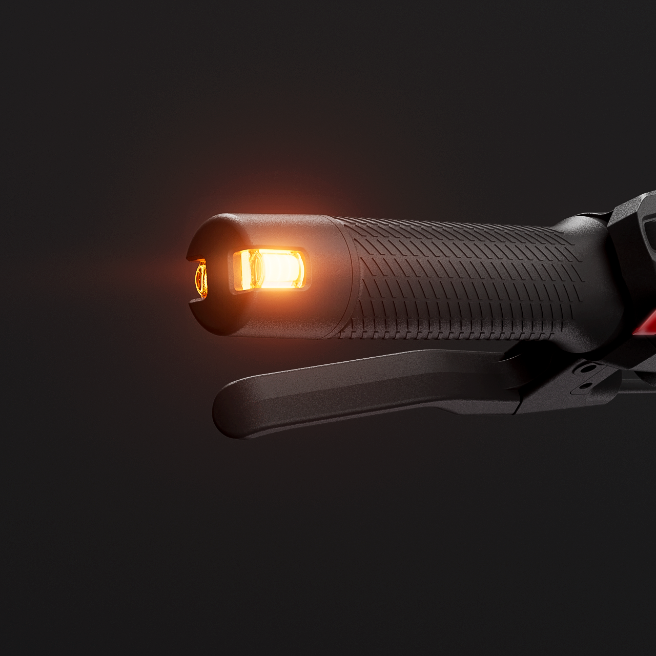 Ein Motorradgriff mit beleuchtetem orangem Blinklicht und schwarzem Griff.