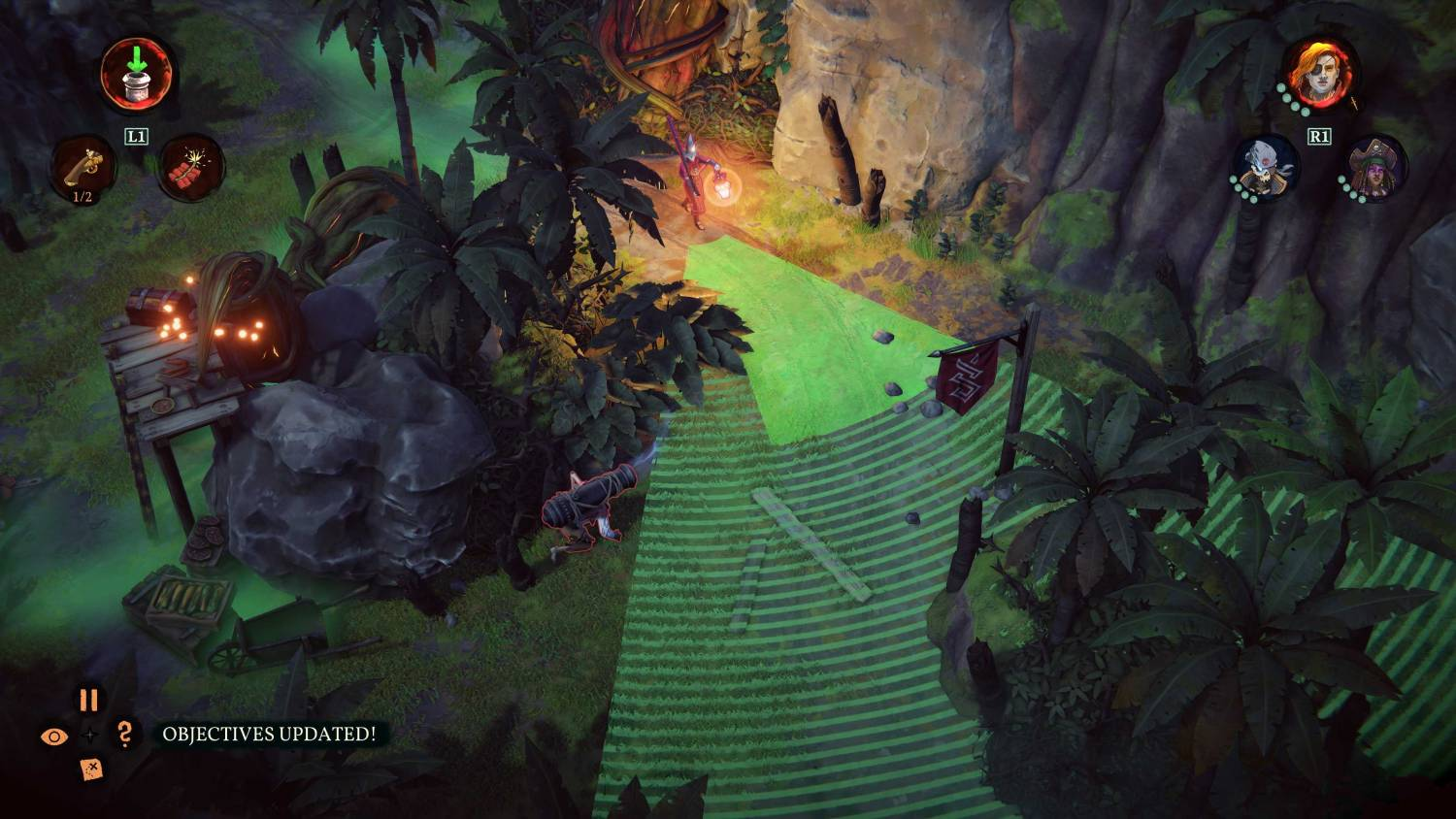 Escena de juego con personajes, jungla y áreas de detección verdes.