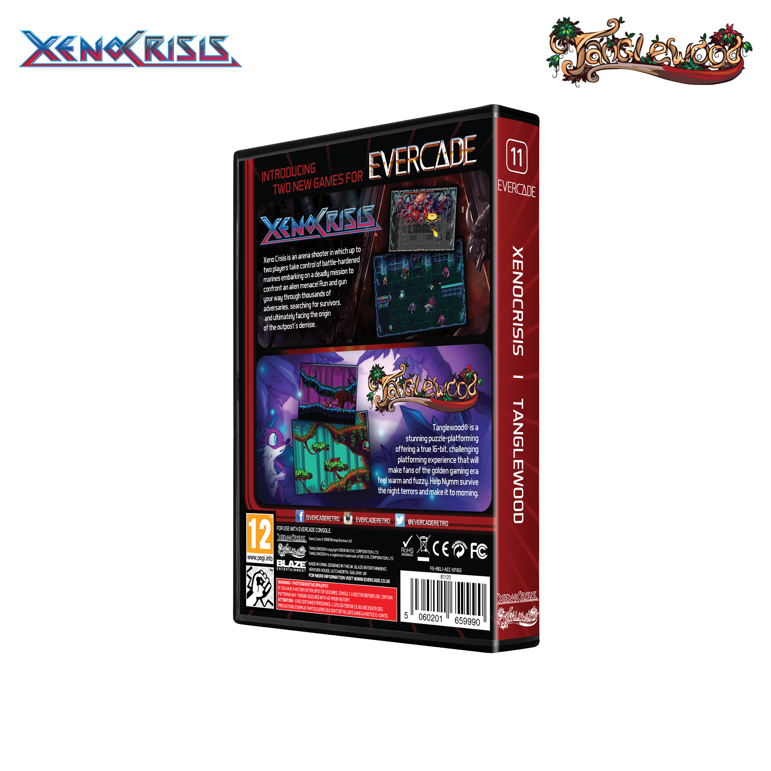 La parte posterior de una caja de juego Evercade con los juegos Xenocrisis y Tanglewood.