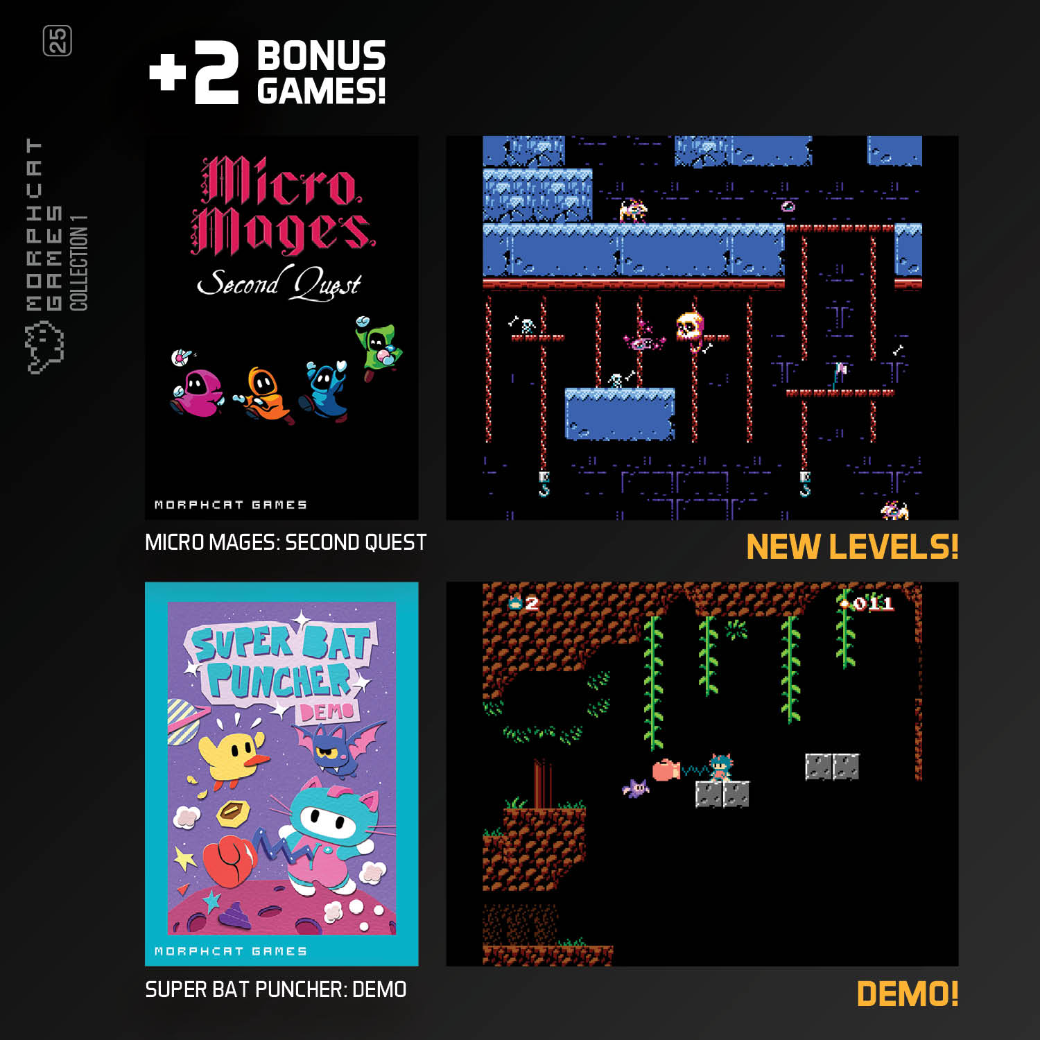 Se muestran cuatro juegos: Micro Mages, Super Bat Puncher y dos niveles de pixel art.