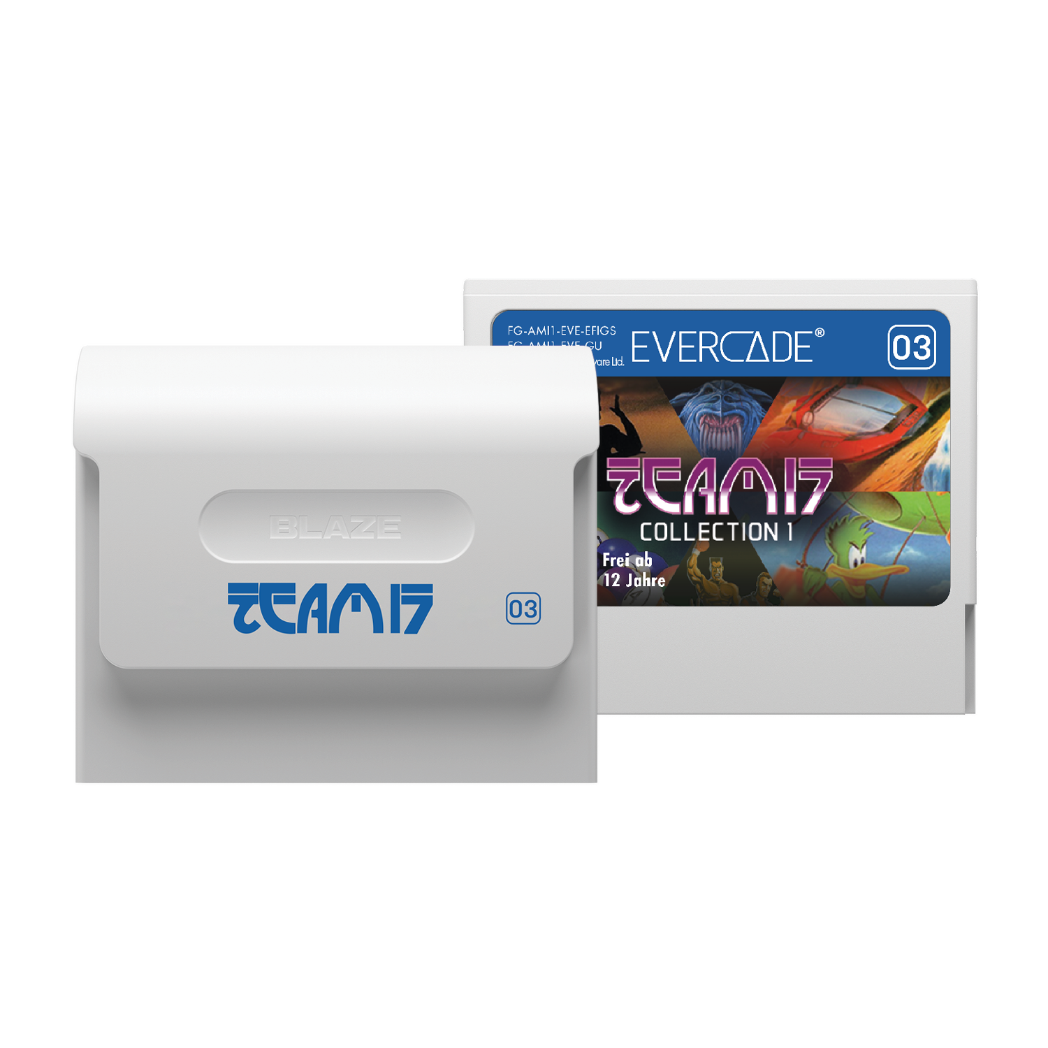 Dos cartuchos de videojuegos blancos, uno con "BLAZE TEAM 17" y otro "EVERCADE".