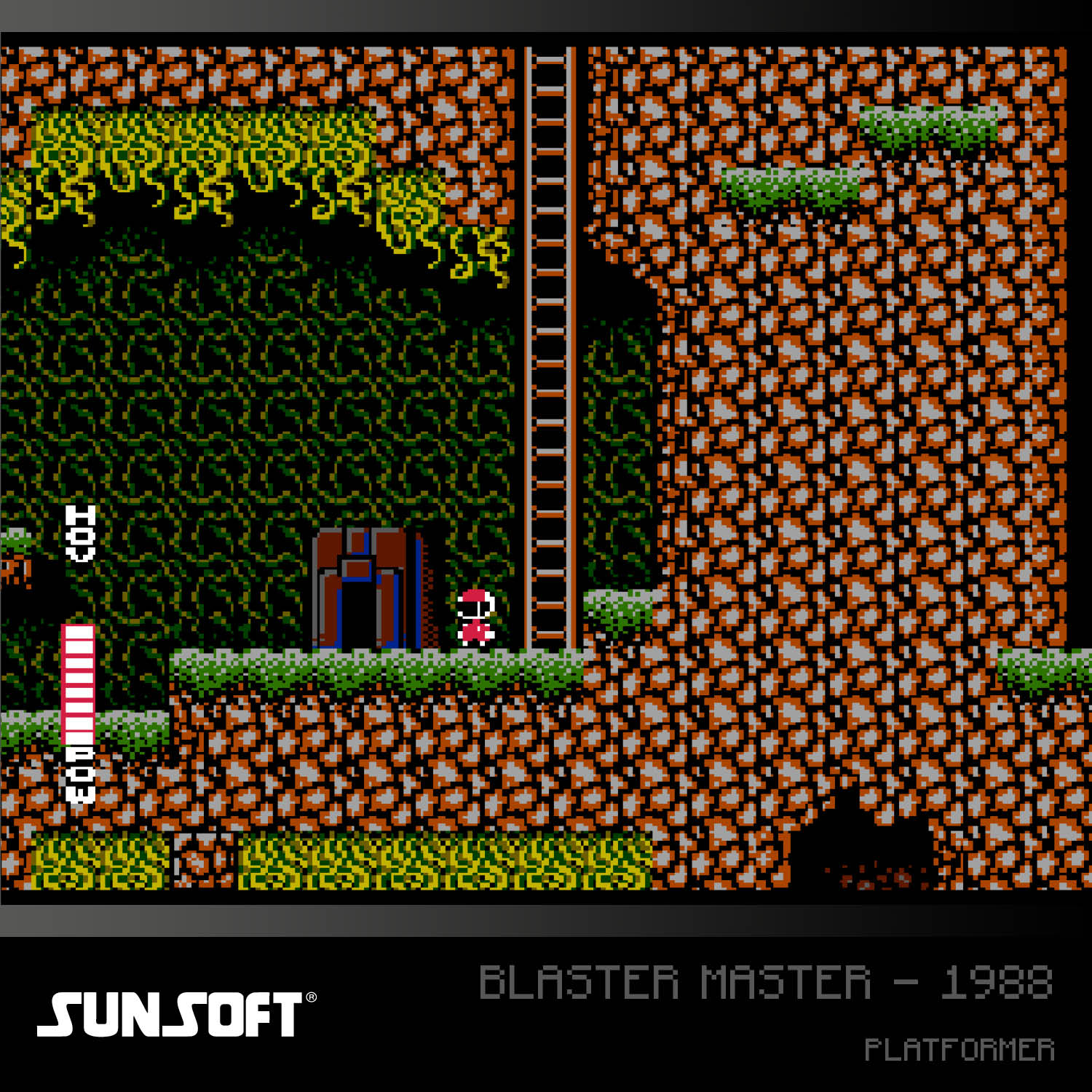 Un juego de plataformas 2D con un personaje frente a una cueva. Rocas naranjas y plantas verdes.