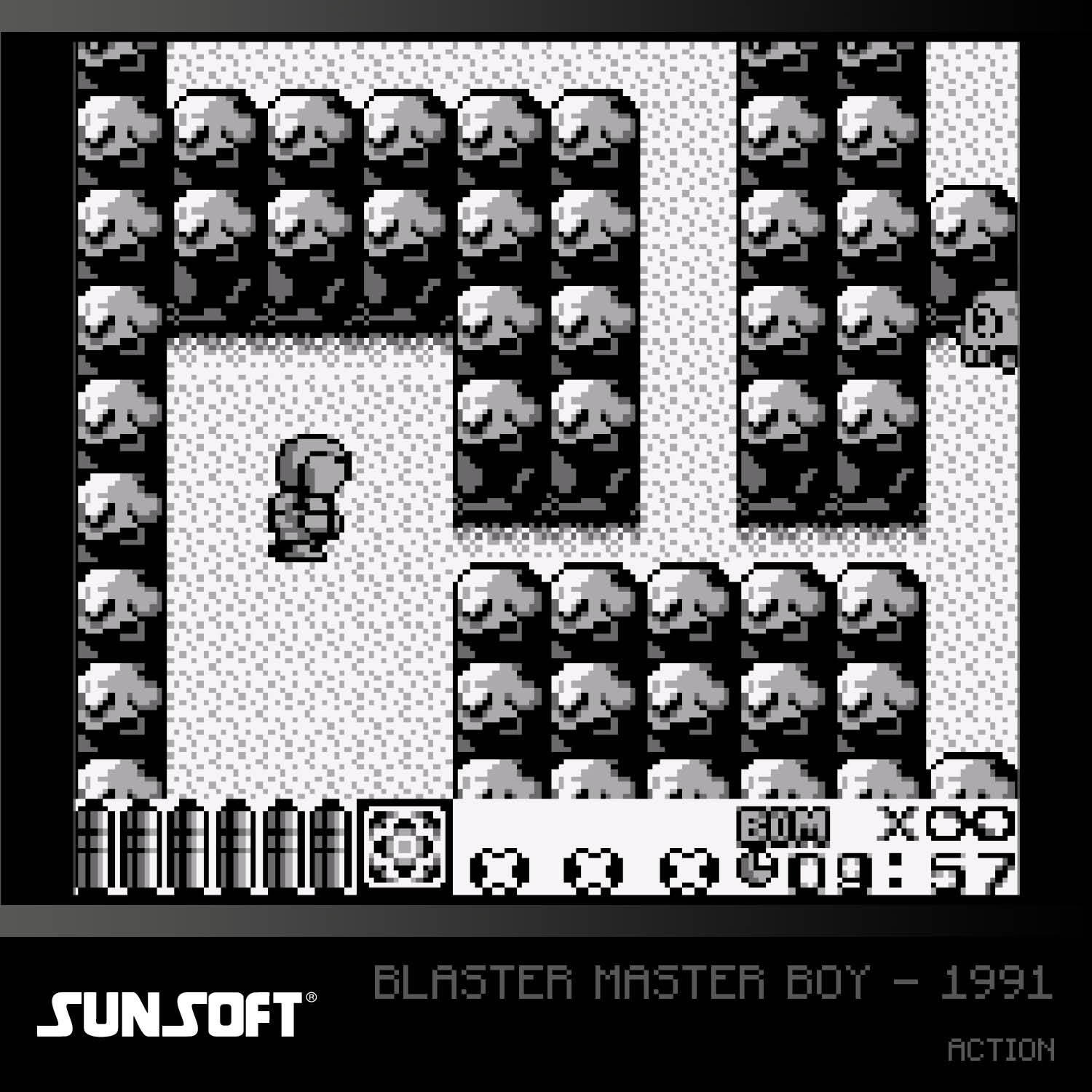 Un personaje pixelado está en una sala con bloques de piedra. La pantalla del juego está abajo.