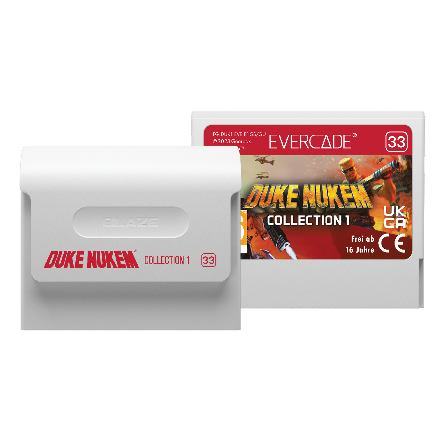 Cartucho de juego Evercade para Duke Nukem Collection 1, con Duke en la etiqueta frontal.