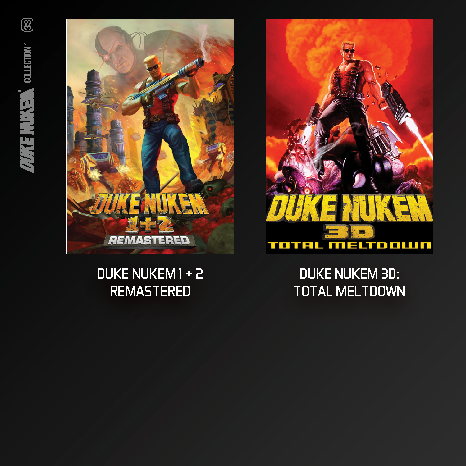 Portadas de Duke Nukem 1+2 Remastered y Duke Nukem 3D Total Meltdown.