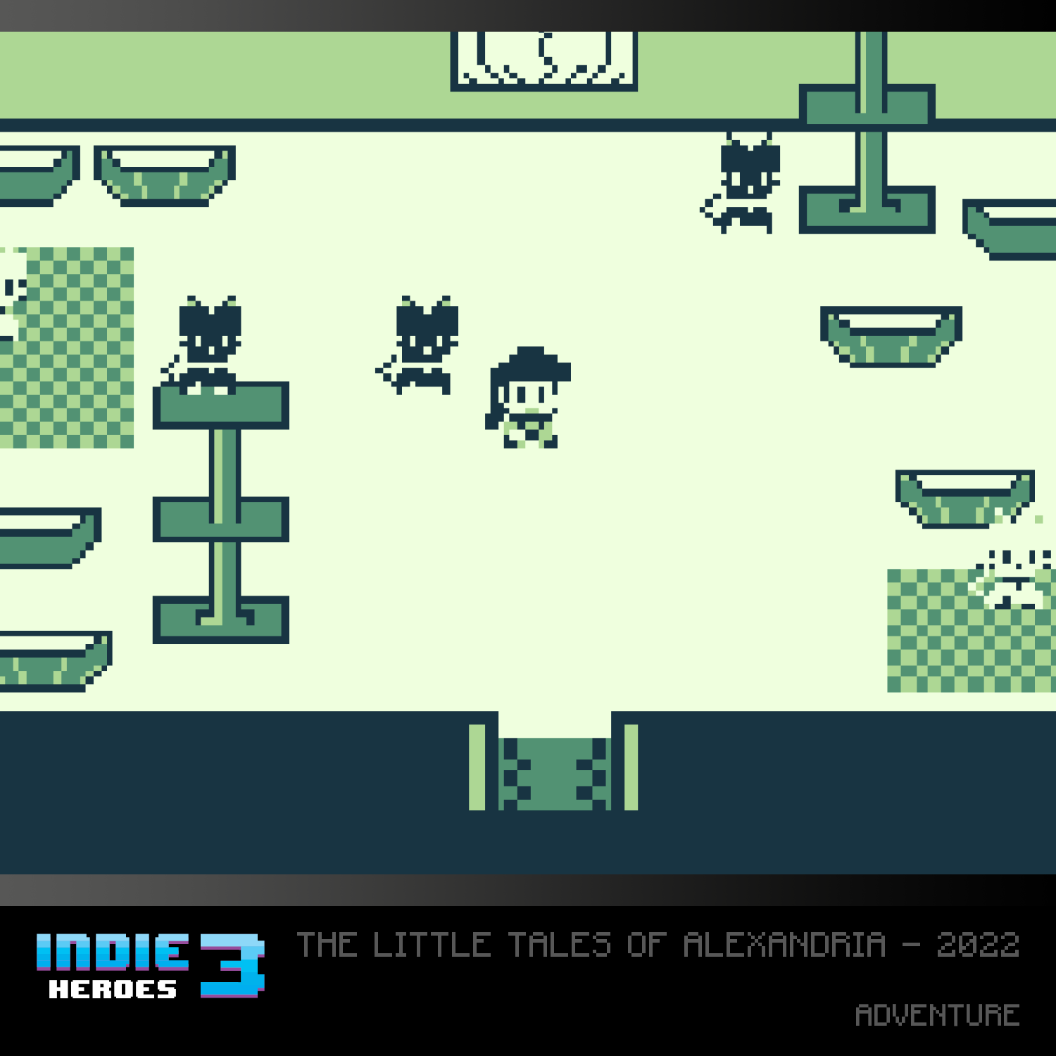 Escena de pixel art con personaje, gatos y plataformas en estilo retro.
