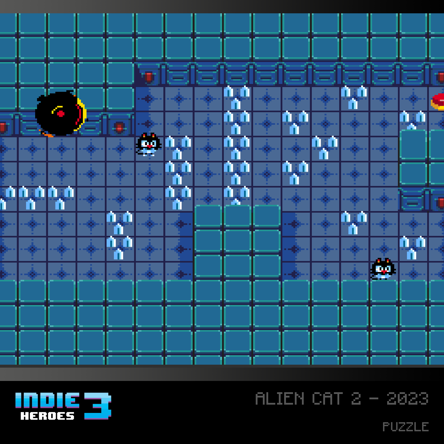 Escena de juego pixelada con un gato alienígena negro y bloques de hielo.