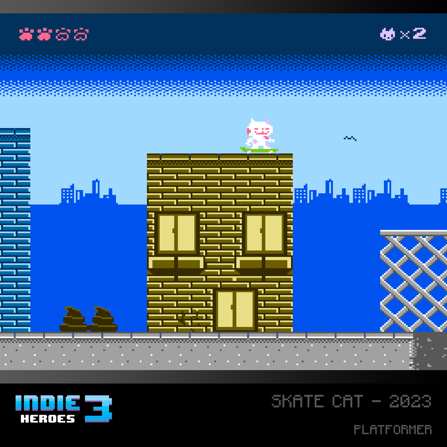 Un gato en patineta está sobre un edificio en una ciudad pixelada.