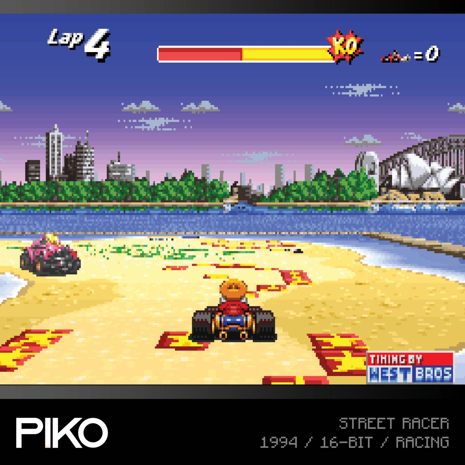 Juego de karts en arena, horizonte urbano al fondo, Vuelta 4.