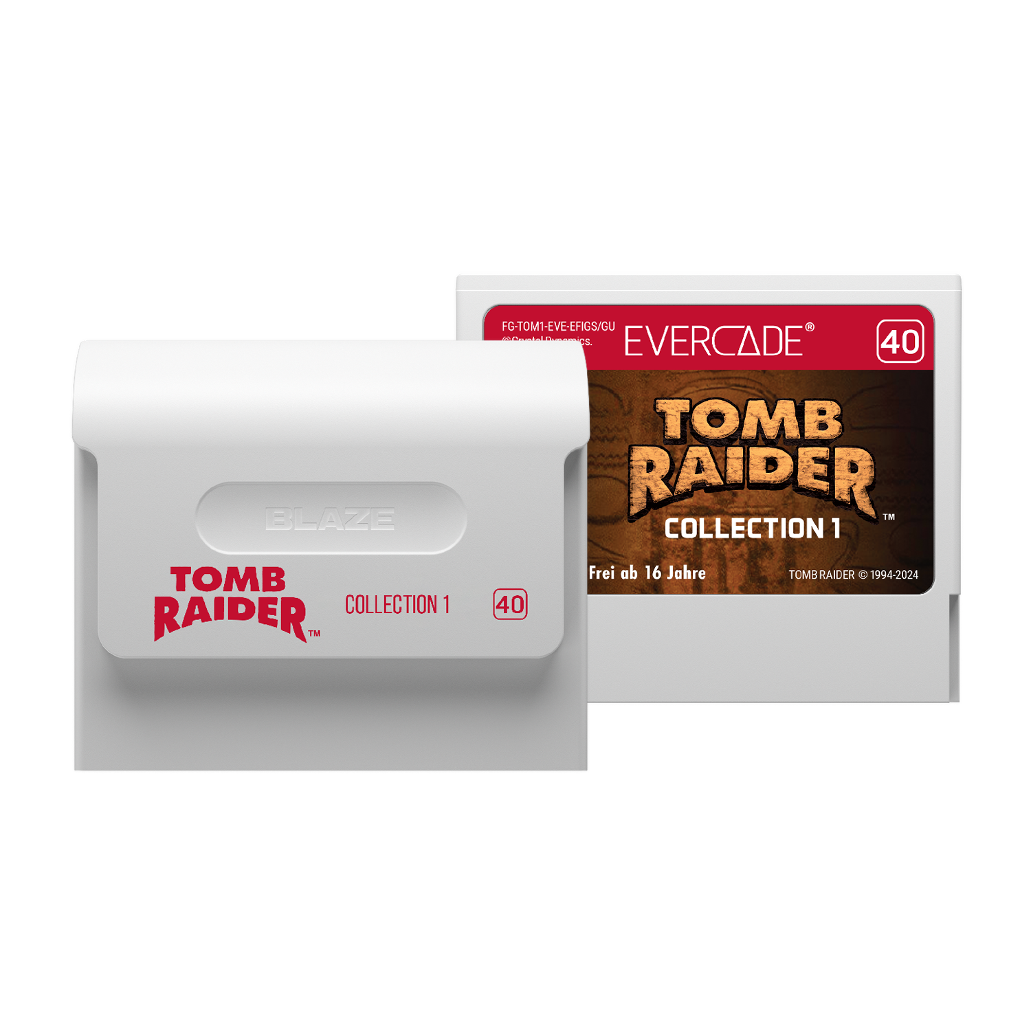 Dos cartuchos de juego Tomb Raider Collection 1 para Evercade.