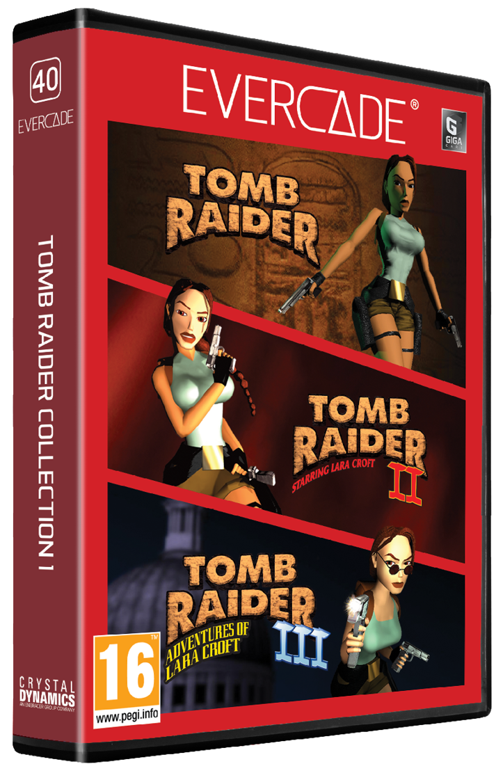 Funda Evercade con Tomb Raider Collection 1. Lara Croft se muestra en imágenes.