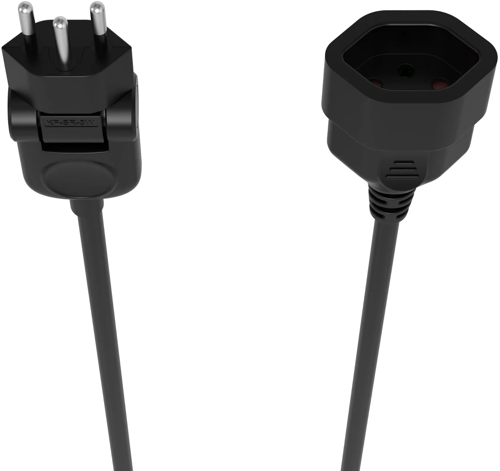 Schwarzer Stromadapter mit Stecker und Buchse, weißer Hintergrund.