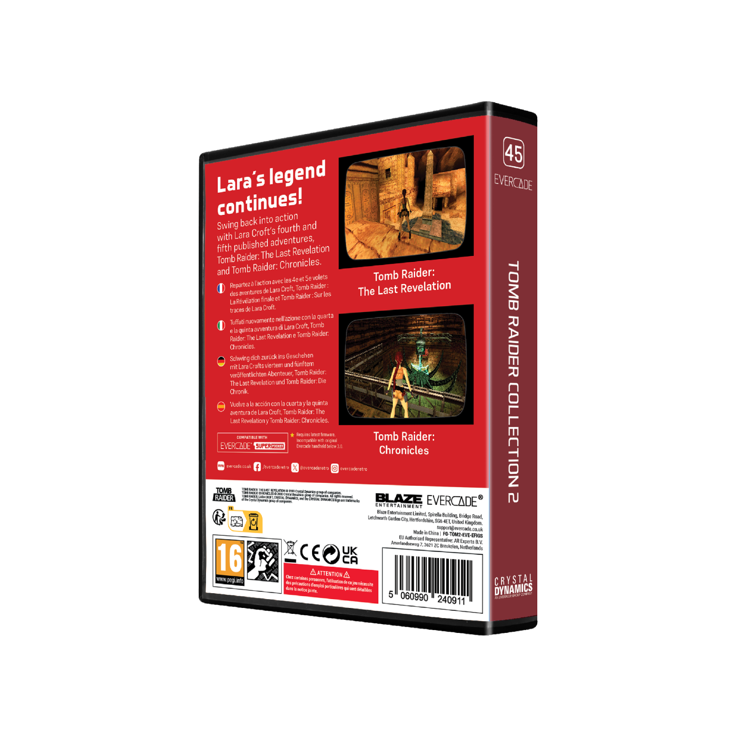 Parte posterior de una caja de juego Evercade con Tomb Raider Collection 2.
