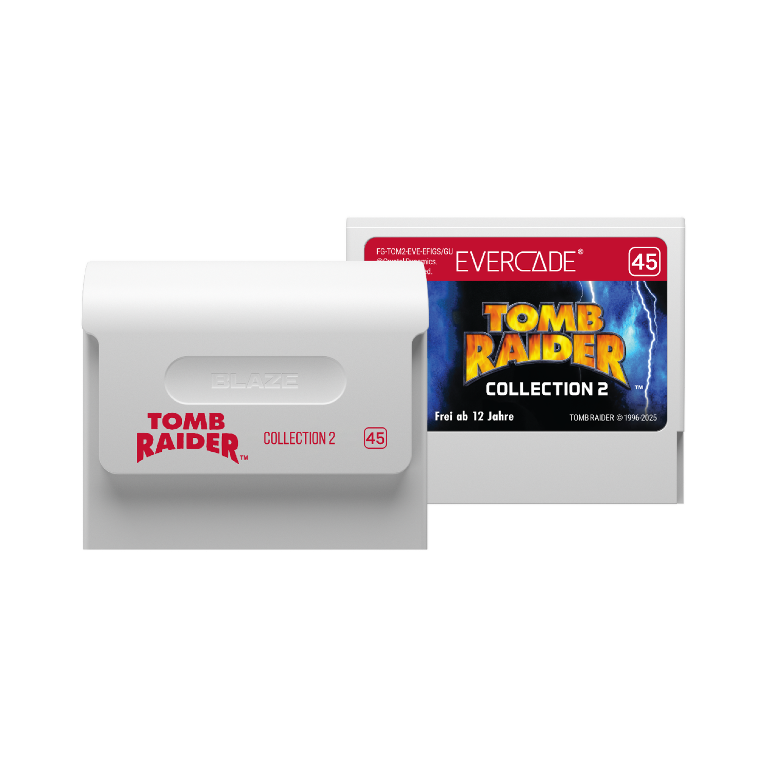 Dos cartuchos de juego Evercade: Tomb Raider Collection 2 y otro cartucho.