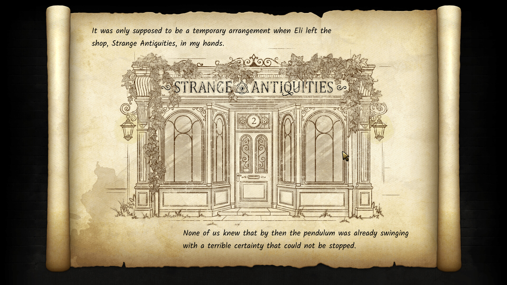 Un boceto de la tienda Strange Antiquities con texto en un pergamino.