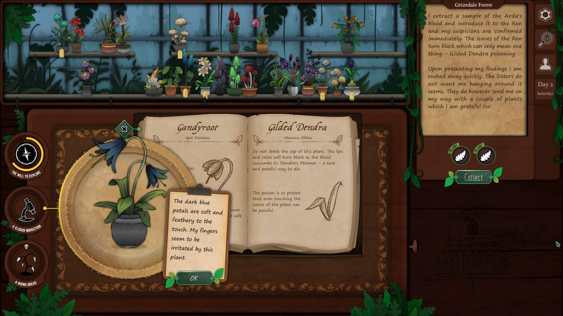 Un libro con información de plantas junto a una flor azul en una maceta.