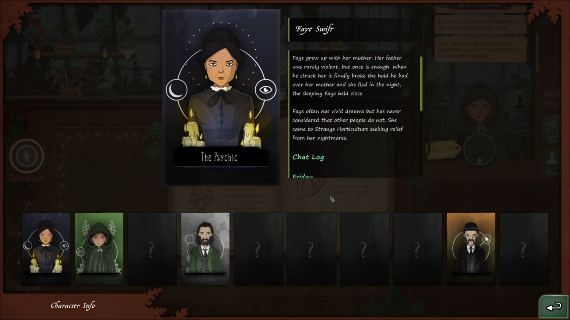 El menú del juego muestra tarjetas de personajes, plantas y cuadros de texto.