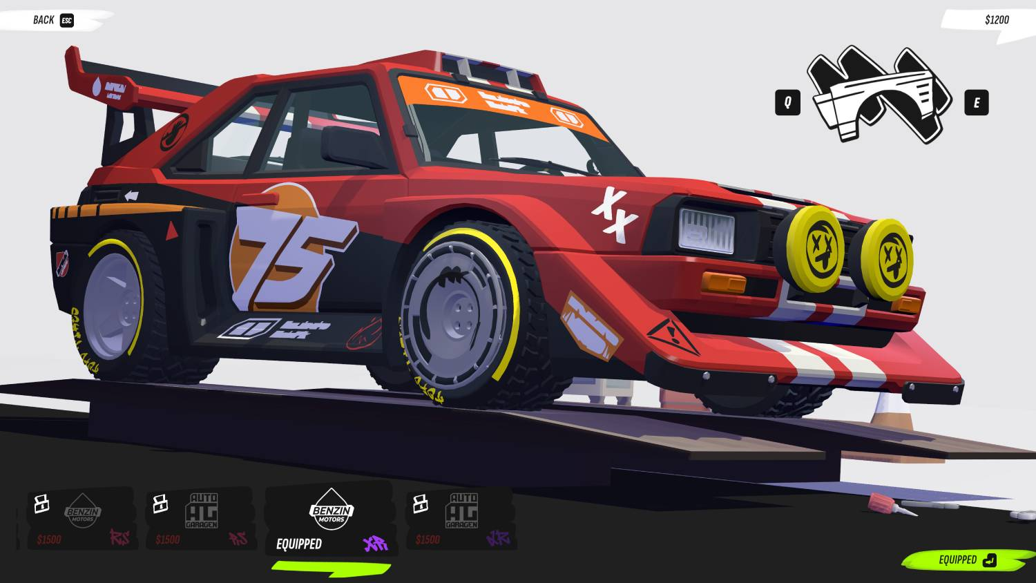 Un coche de rally rojo con el número 75 y faros amarillos.