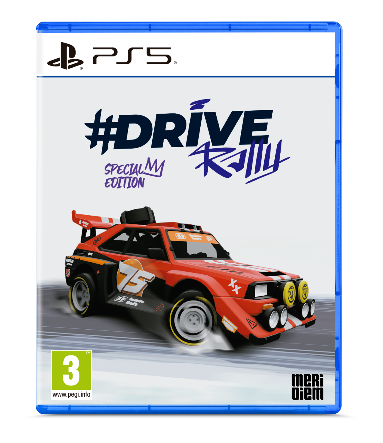 Coche de rally rojo con el número 75 en la caja de PS5, #DRIVE Rally Special Edition.
